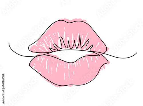 One line lips isolated on white. Female pink lipstick kiss. Tableau sur Toile