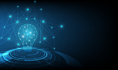 vector circle tech with light blue and lamp bulb consisting of points on blue background.