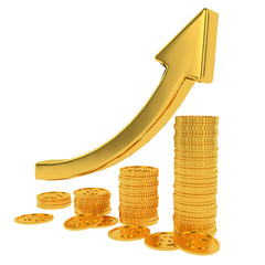 Golden arrow up and bar chart diagram of golden dollar coins isolated on white background. 3d rendering. Financial success concept.