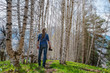 © Alex Sipeta - A man photographer stands on the trail in the spring birch forest. View from the back