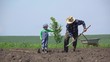 © MEDIAIMAG - Grandfather and grandson plant a tree together, remove the gap generation