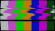 Old TV test pattern colorful stripes damaged by glitches, banding and grain noise effects