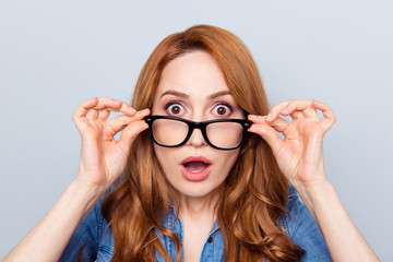 Close up photo beautiful amazing she her lady unbelievable big eyes teacher smart clever intelligent businesspeople assistant wear specs casual blue jeans denim shirt isolated grey background