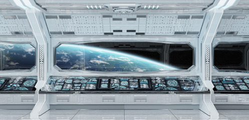 Wall Mural - White clean spaceship interior with view on planet Earth 3D rendering