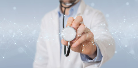 Scientist using floating digital network connections with dots and lines 3D rendering