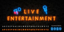 Live Entertainment Neon Sign Vector, Poster, Emblem For Live Music Festival, Music Bars, Karaoke, Night Clubs. Template For Flyers, Banners, Invitations, Brochures And Covers