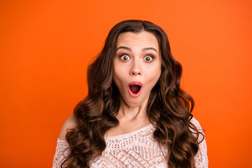 Wall Mural - Close-up portrait of her she nice-looking winsome sweet attractive lovely charming cute cheerful cheery wavy-haired lady opened mouth isolated over bright vivid shine orange background