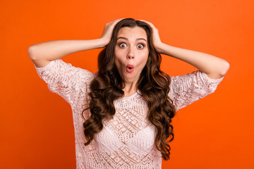 Sticker - Portrait of her she nice-looking adorable attractive lovely winsome pretty fascinating cheerful wavy-haired lady showing amazement isolated over bright vivid shine orange background