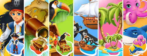Pirates. Boy, spyglass and map, treasure chest, ships, island and palm trees,...
