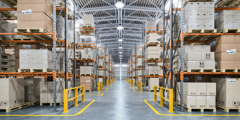 Warehouse or storage and shelves with cardboard boxes. Industrial background.