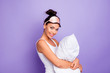 © deagreez - Close up side profile photo beautiful she her lady hold hug arms hands pillow satisfied refreshed facial expression wear sleeping mask white tank-top pajamas isolated violet purple background