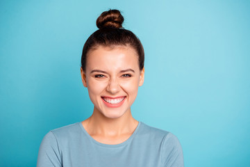 Wall Mural - Close up photo beautiful amazing she her lady giggling ecstatic black friday low little prices shopping shopaholic festive party mood wear casual sweater pullover isolated blue bright background