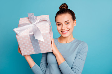 Wall Mural - Close up photo of charming lovely person people take get give package 14-february 8-march enjoy rejoice content wear spring modern cotton clothing isolated on blue background