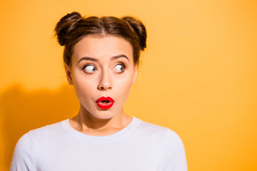 close-up portrait of her she nice-looking attractive girlish scared puzzled teen girl looking aside 