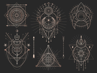 Wall Mural - vector set of sacred geometric symbols and figures on black background. gold abstract mystic signs c