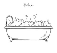 Sketch Bath With Tap And Foam. Vector Illustration