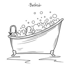 Sketch bath foam and rubber duck. Vector illustration