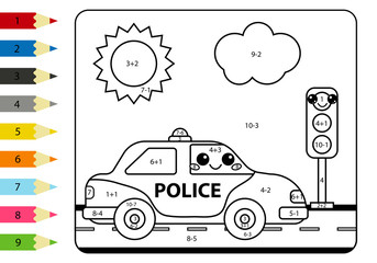 Mathematical coloring page for kids. Kawaii police car and traffic lights. Worksheet with addition and subtraction.