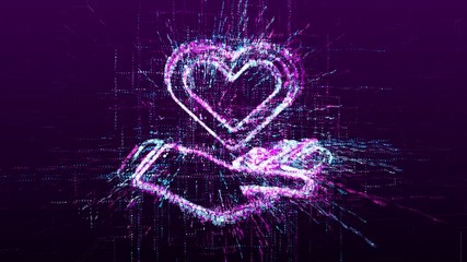 Wall Mural - digital animation of the sign of feelings. hand with a heart in the virtual space of the future.