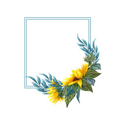 Wall Mural - Watercolor floral wreath with sunflowers,leaves, foliage, branches, fern leaves and place for your text.