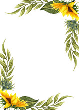 Watercolor Floral Wreath With Sunflowers,leaves, Foliage, Branches, Fern Leaves And Place For Your Text.