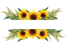 Watercolor Floral Wreath With Sunflowers,leaves, Foliage, Branches, Fern Leaves And Place For Your Text.