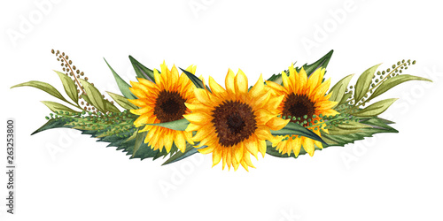 Cuadros en Lienzo Watercolor floral wreath with sunflowers,leaves, foliage, branches, fern leaves and place for your text