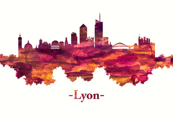 Fototapete - Lyon France skyline in red