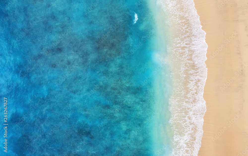 Beach as a background from top view. Turquoise water background from top view. Summer seascape from air. Bali island, Indonesia. Travel - image - obrazy, fototapety, plakaty 