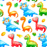 Fototapeta Dinusie - Seamless pattern watercolor colorful dinosaurs with eggs, trace, volcano ana leafs on white background. For wallpaper or print or textile about dragon for kids.
