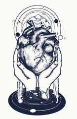 Wall Mural - Anatomical heart, hands and universe. Tattoo and t-shirt design. Symbol of love, philosophy, psychology, imagination and dreams
