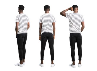 set of dark skinned man with striped shirt looking back