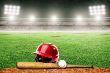 Wall Mural - Baseball, Bat and Helmet on Field in Outdoor Stadium With Copy Space