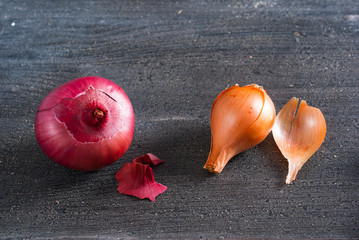 Wall Mural - spanish and red onions on black wooden table