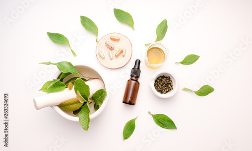 natural medicine herb with herbal product top view flat lay  decorative health care  white background