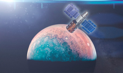 Wall Mural - space craft on the orbit exploring new planet, elements of this image furnished by nasa b