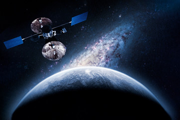 Wall Mural - space craft on the orbit exploring new planet, elements of this image furnished by nasa b