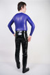 © goldeneden - Caucasian nerd chubby man dressed in fashionable latex rubber fetish clothes on white background in Studio