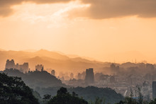 Layers Of Taipei Cityscape And Mountains With Sunlight When The Sun Going Down That View From Xiangshan Elephant Mountain In The Evening In Taipei, Taiwan.