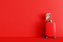 Suitcase With Hat And Sunglasses On Red Background. Travel Concept. Minimal Style. 3d Rendering