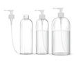 Cosmetic plastic bottle with white dispenser pump (transparent). Liquid container for gel, lotion, cream, shampoo, bath foam. Beauty product package, vector illustration.