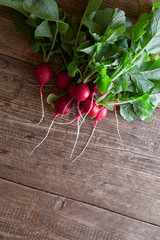 Poster - view of nice fresh radish with leafs on wooden background