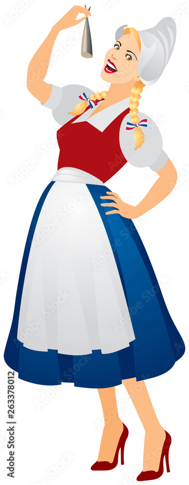 Raw Herring on Flag Day in the Netherlands, girl in traditional dress  eating herring in the typical Dutch way, Vlaggetjesdag, Flaggetjesdag  Haringparty realistic vector illustration Stock-vektor | Adobe Stock