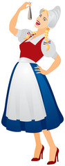 raw herring on flag day in the netherlands, girl in traditional dress eating herring in the typical 