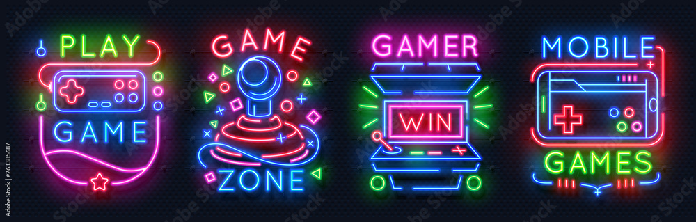 Neon game signs. Retro video games night light icons, virtual gaming club emblems, arcade glowing posters. Vector game controller sign banner - obrazy, fototapety, plakaty 