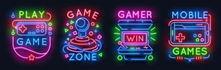 neon game signs. retro video games night light icons, virtual gaming club emblems, arcade glowing po