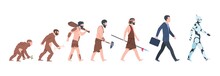 Human Evolution. Monkey, Caveman To Businessman And Cyborg Cartoon Concept, From Ancient Ape To Man Growth. Vector Mankind Primate Evolution