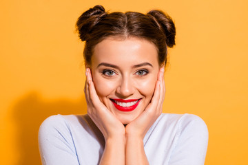Wall Mural - Close-up portrait of her she nice-looking cool attractive lovely lovable fashionable fascinating gorgeous stunning cheerful cheery teen girl isolated on bright vivid shine yellow background