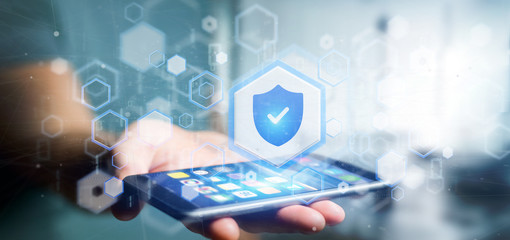 Wall Mural - man holding a shield web security concept 3d rendering