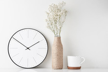Home Office Minimal Workspace Desk With Wall Clock
